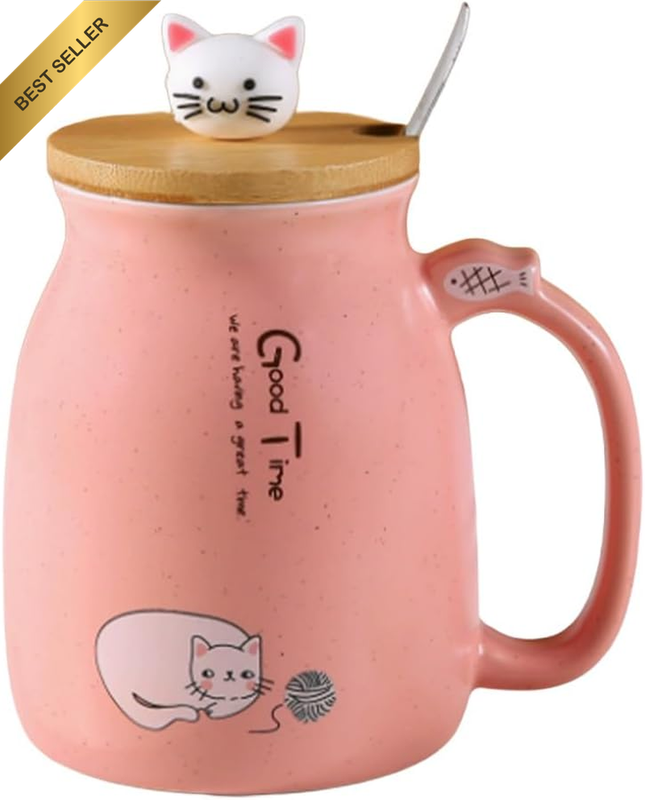 Cute Coffee Cup with Wooden Lid Stainless Steel Spoon, Novelty Milk Cup, Kitty C