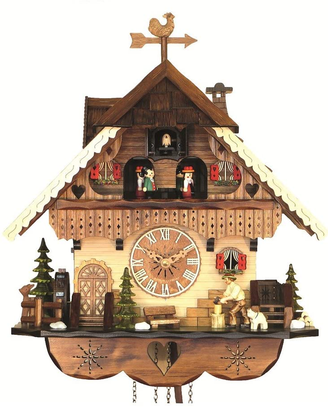 Quartz Cuckoo Clock Black Forest House with Moving Wood Chopper and Mill Wheel,