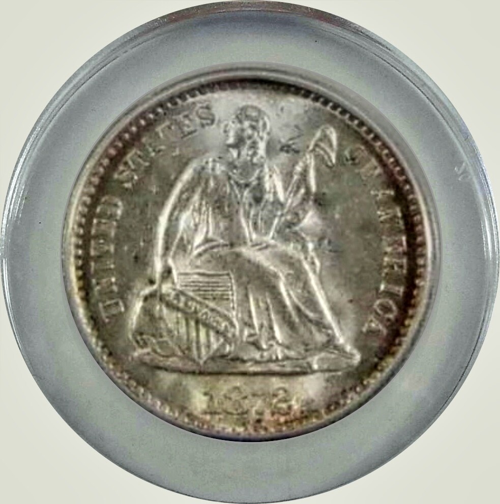 1872 S 5C Liberty seated half dime MM below bow, MS 63 ANACS Very sharp & vivid.