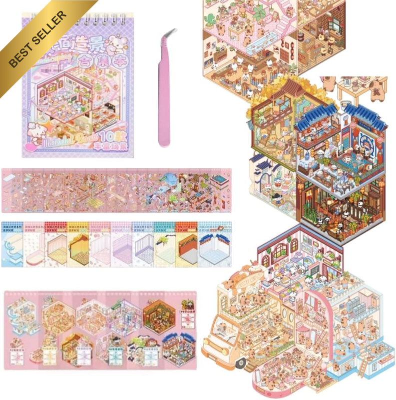 10 Sets DIY 3D Stickers Scene,3D Mini House Stickers Book for Adults with Tweeze
