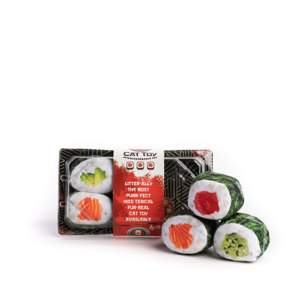NEW! FABCAT SUSHI ROLL CAT TOY 6pc IN TRAY PLUSH w/ NORTH AMERICAN CATNIP