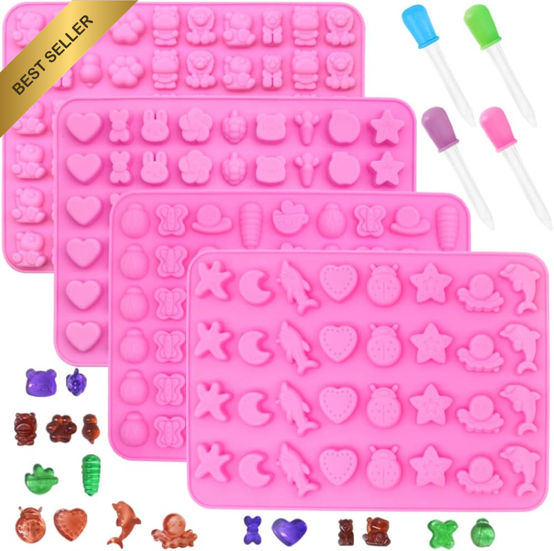 4 Pack Silicone Chocolate Molds with 4 Droppers,  Mini Gummy Candy Molds Non Sti