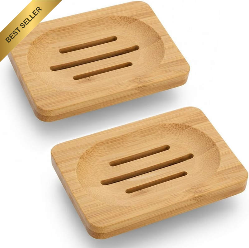 2 Pcs Bamboo Soap Dish,Natural Bamboo Wood Soap Dish Holder Self-Draining Tray f
