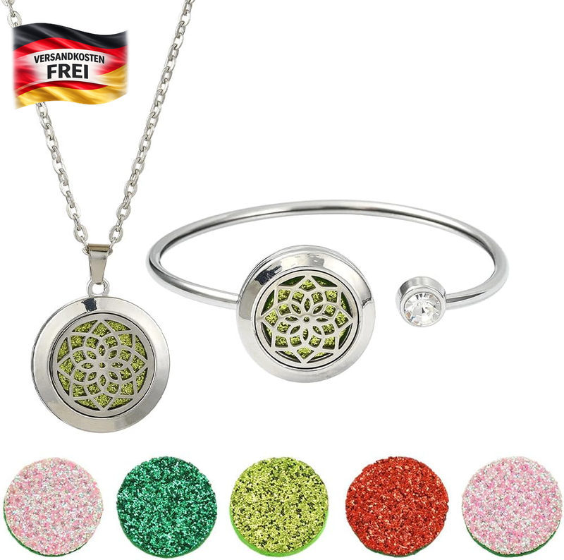 Aromatherapie Schmuck Set Halskette Armband Edelstahl Diffusor mit Nachfüllpads