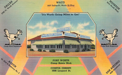 WACO TX LESLIE'S FRIED CHICKEN RESTAURANT VINTAGE LINEN POSTCARD 1940 101623 S