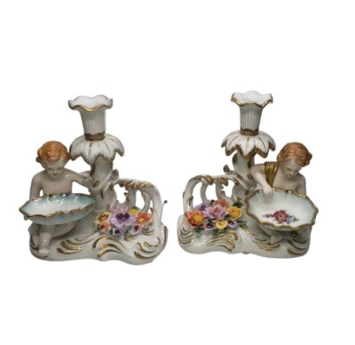 Pair Ceramic Porcelain Cherub Design Candle Sticks Meissen Reproduction