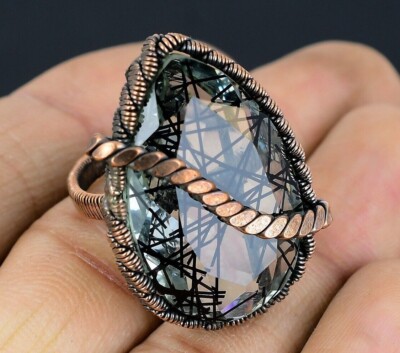 Black Rutile Gemstone Copper Wire Wrap Handmade Ring Gift For Women