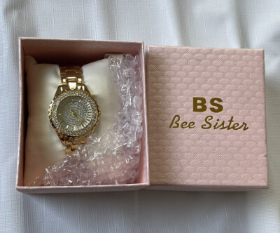 NEW Bee Sister Stainless Steel Gold color Three-Eye Quartz Watch Clear Stones