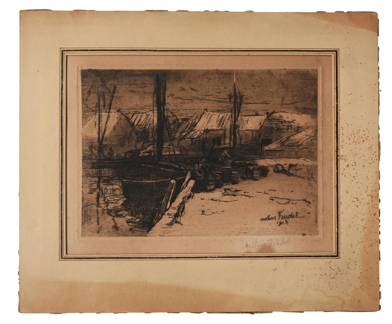 Gravure D'Arthur Feudel (1857-1929) Paysage Marin Bord De Mer Daté De 1913