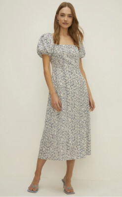 Oasis Ditsy Printed Broderie Puff Sleeve Midi Dress Petite UK 14. RRP £79! BNWT