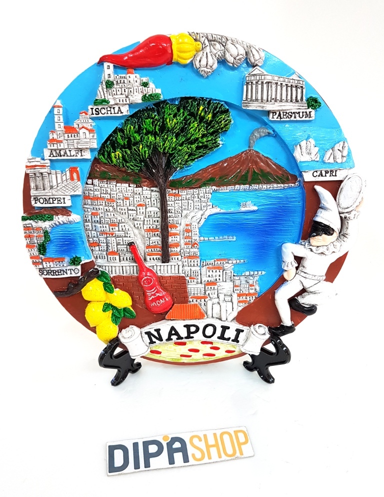 Quadretto Decorativo Con Base Souvenir Napoli 3D Golfo Vesuv Pulcinella 23cm moc