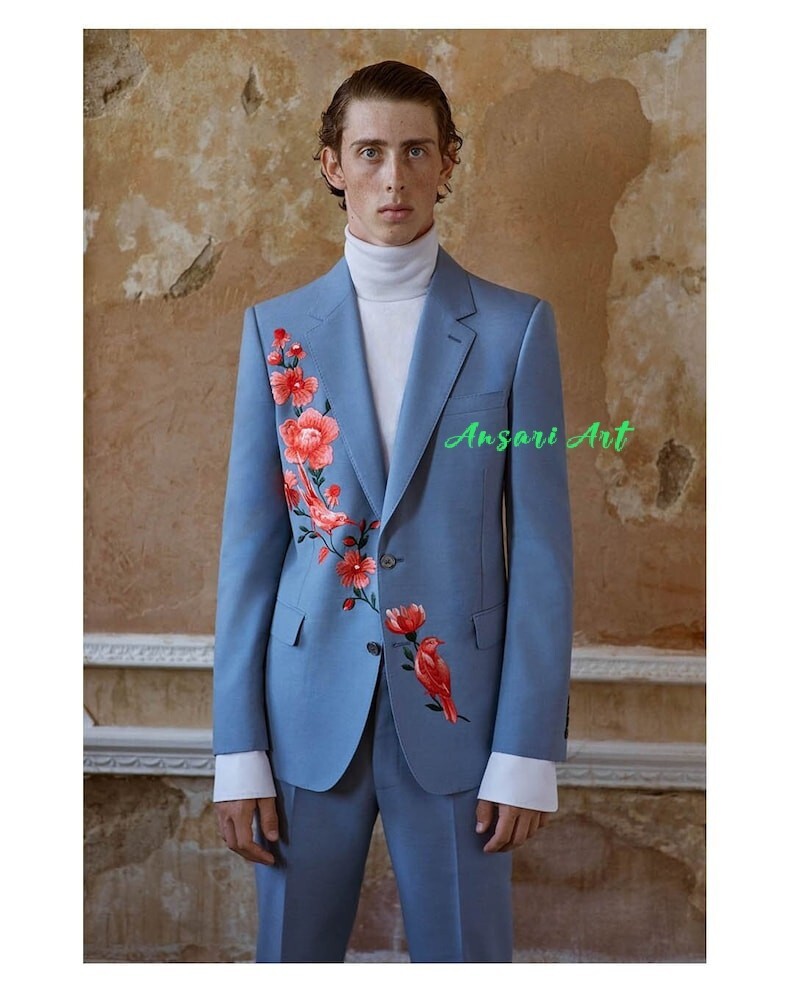 Pre-owned Art Men Blue Embroidered 2 Piece Suit Made To Measure Cotton Wedding Cocktail Py