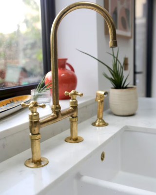 Unlacquered Brass Bridge Faucet, Unlacquered Brass Bridge Faucet with sprayer
