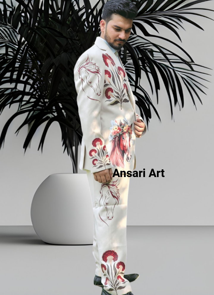 Pre-owned Art Men 2pc Lovry Bespoke Country Western Suit Vintage Horse & Flower Printed Tuxedo In Lovery