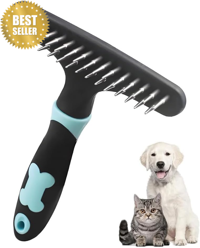 Pet Grooming Rake Comb for Dogs & Cats - Double Row Stainless Steel Pins | for R