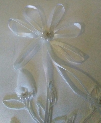 White Wedding Ring Bearer Pillow ~ RIBBON FLOWERS W/ FAUX PEARL/CRYSTAL ACCENTS