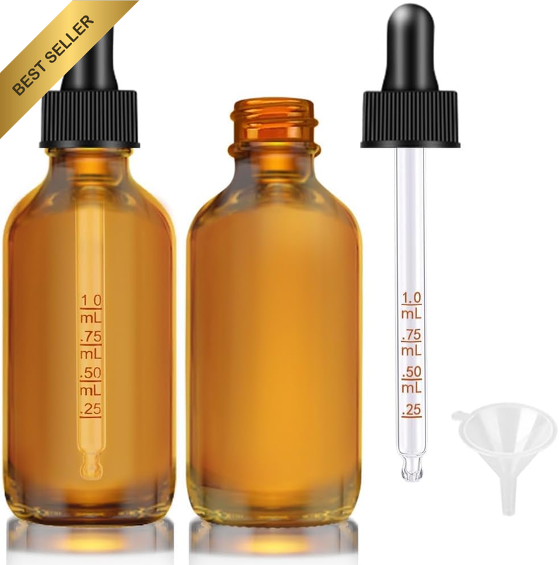 Dropper Bottle 2 Oz, 2 Pack Glass Eye Dropper Bottles with Labels and Funnel, Ti