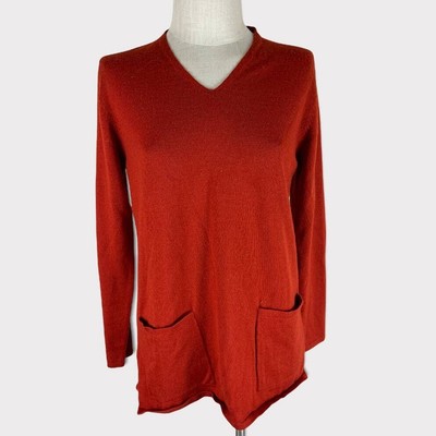 Dialogue Womens Medium Wool Acrylic Sweater V Neck Pockets Red Orange