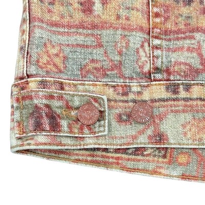 Pre-owned Mother Denim Mountain Drifter Geometric Denim Jacket Moroccan Rug Burn Size S In Red