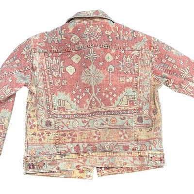 Pre-owned Mother Denim Mountain Drifter Geometric Denim Jacket Moroccan Rug Burn Size S In Red