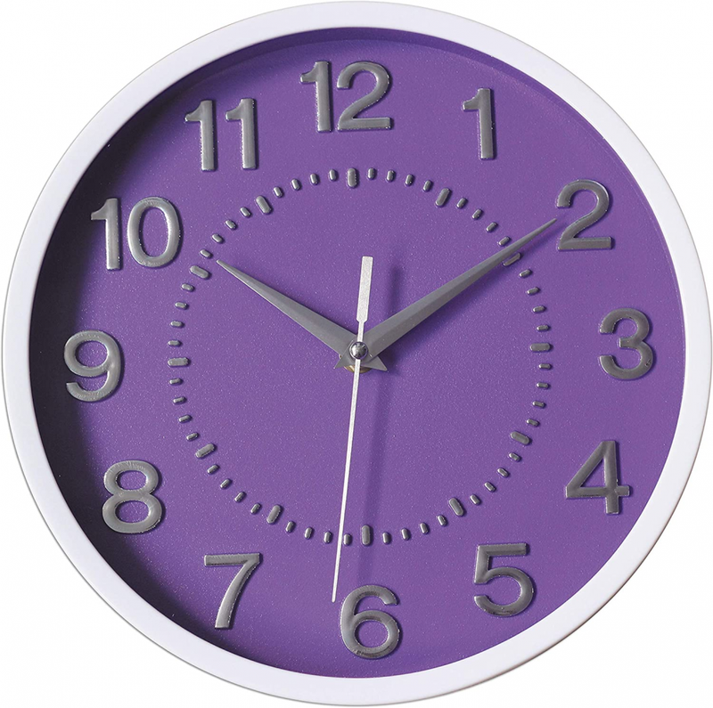 Decor Silent Wall Clock 10 Inches 3D Numbers Non-Ticking Decorative Purple