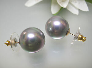 12,14mm lavender Sea Shell Pearl stud earring solid 14k yellow gold post setting