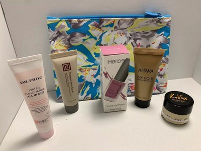 Ipsy Blue Flower Bag with 5 Sealed Samples by Ahava, Dr. Frog and Helios