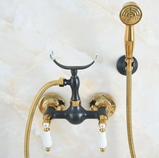 2 Handle Bathroom Faucet Gold Black Solid Brass Handheld Shower Mixer Tap 2na563