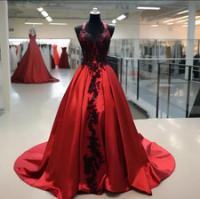 Gothic Red Black Wedding Dresses Halter Neck Sleeveless Satin Train Bridal Gowns