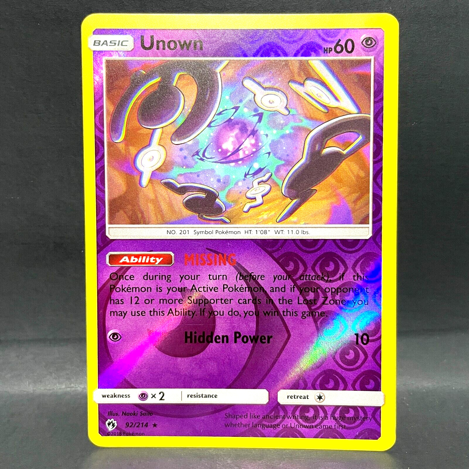 2018 POKEMON LOST THUNDER UNOWN 92/214 REVERSE HOLO (RARE)
