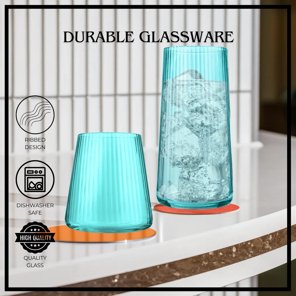 Artland Soho Optic Highball and DOF Glass, 8 Piece Set - Light Turquoise - Image 3 of 4