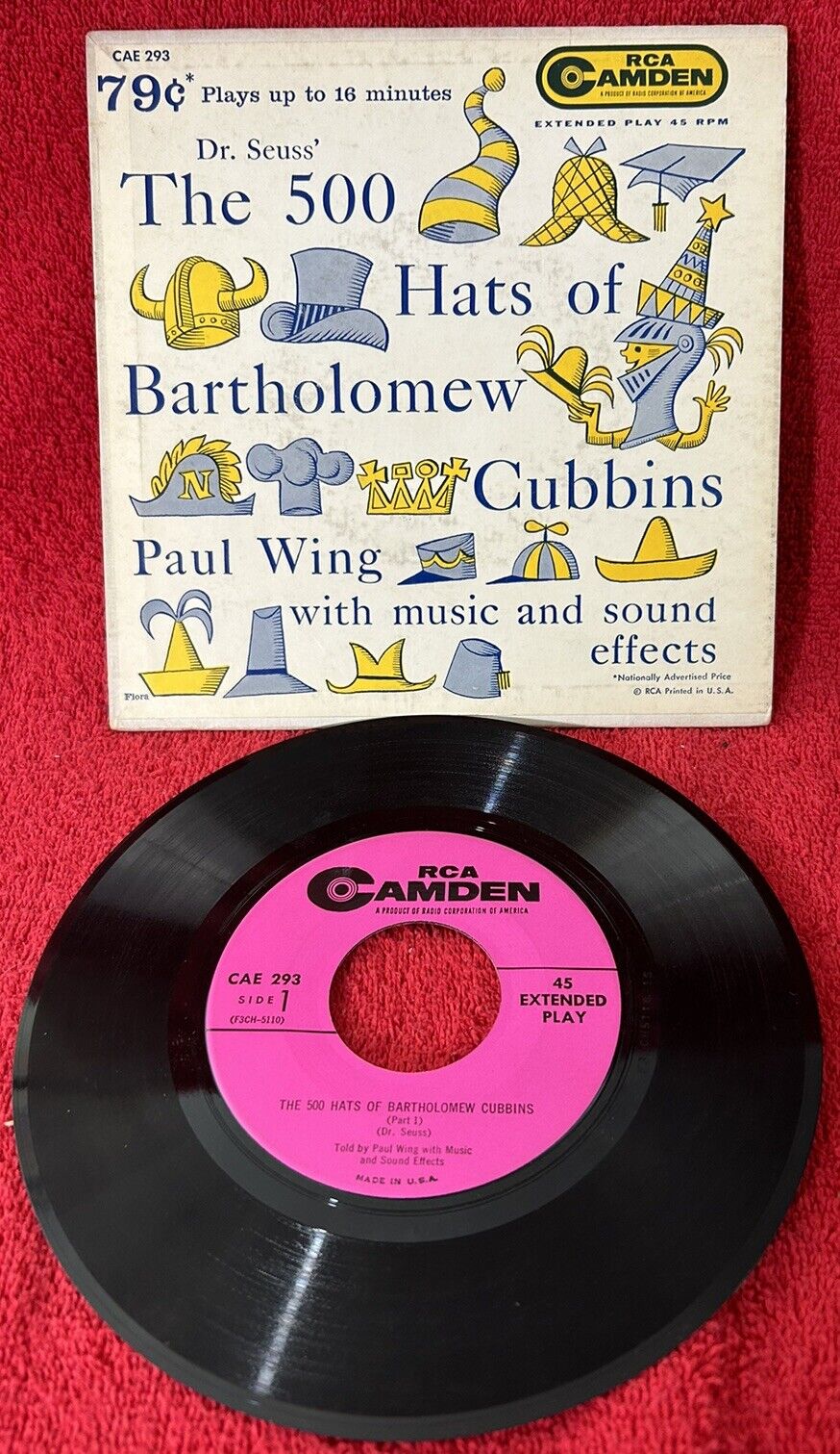 Dr. Seuss The 500 Hats of Bartholomew Cubbins RCA 45 RPM Very Rare Record