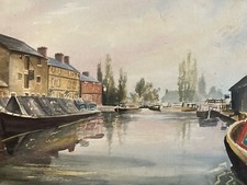 Belle Peinture gouache Papier 1960  Péniche Canal Ecole Anglaise Artiste Ville?