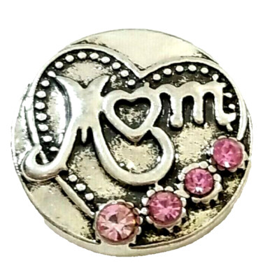MOM HEART PINK RHINESTONES 18/20mm GINGER SNAP BUTTON INTERCHANGEABLE JEWELRY