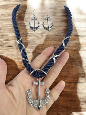 Nautical Navy Rope Necklace with Crystal Anchor Pendant, 18  Thick Rope Necklace