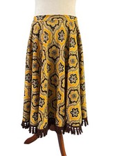 Vtg Midi Full Skirt Yellow Brown Tassels Waist 60s 70s Retro Talon Zipper