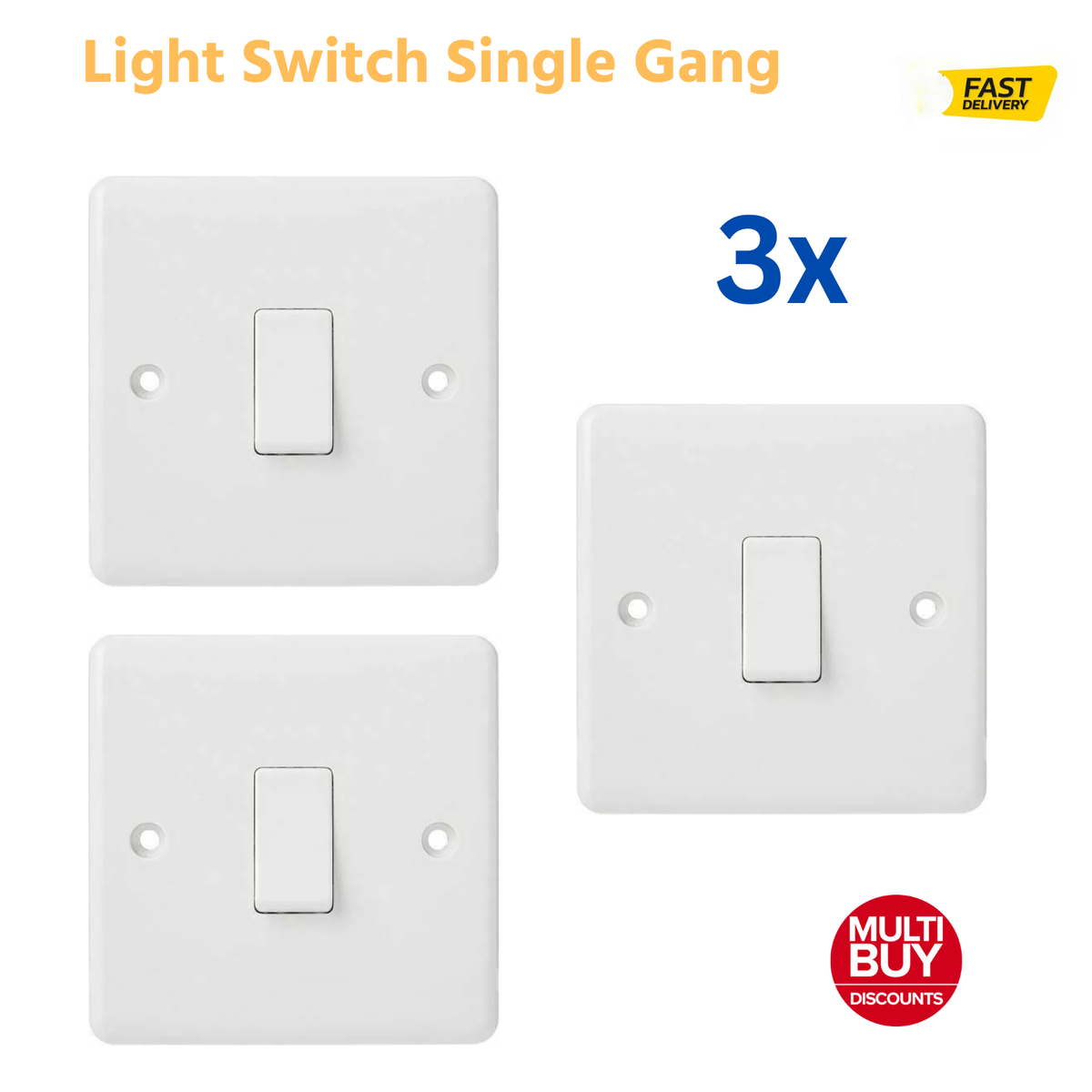 3x Light Switch Single Gang Way Gang 10Amp White Plastic Wall