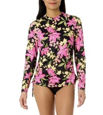 Hurley Women's UPF 50 Long Sleeve Swim Sun Tee, Black Pink Floral , Size M