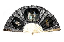 Large Antique Mother of Pearl Hand Fan Hand Painted Black Lace