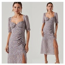 ASTR THE LABEL Floral Print Sweetheart Neckline Puff Sleeve Midi Dress, Sz Large