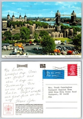 Vintage London Postcard: Tower of London & Tower Bridge, John Hinde Airmail