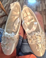 Wedding Satin  Ribbon Flats Embellished Size 8M Benjamin Walk Touch Ups. New