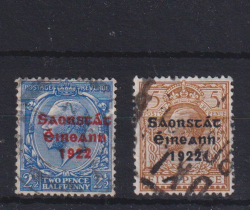 IRELAND, 1922-3, SG59/SG56 TY107/104 5d YELL-BRN & 2 1/2d B. BLUE, USED  CV £23+