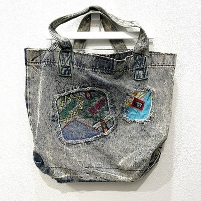 Vintage Torn Out 1980s Denim Tote Bage Patches Acid Wash Grunge Retro Thrashed
