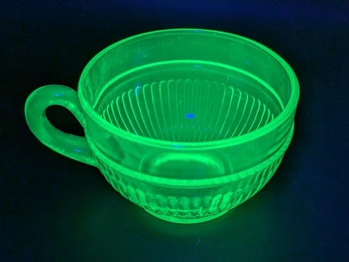 Uranium Depression Glass Tea Cup Vintage Vaseline Green Fine Ribbed Pattern GLOW