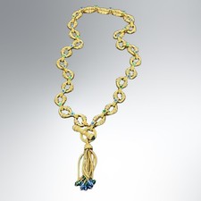 Shakira Caine Franklin Mint Gold Plated Tassel Necklace Blue Green Cabochons