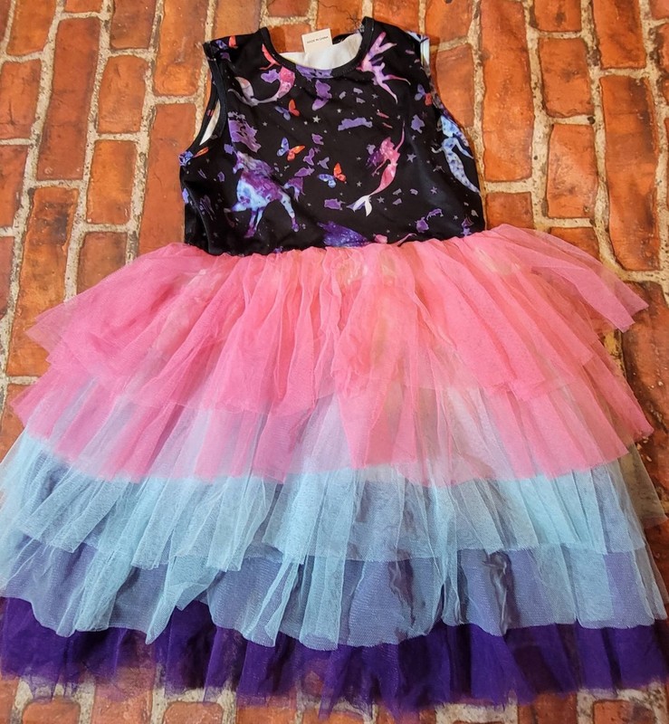 Girls Tiered Tutu Dress Sz 5/6 Unicorn Mermaid Print Sleeveless Party Outfit 5 6