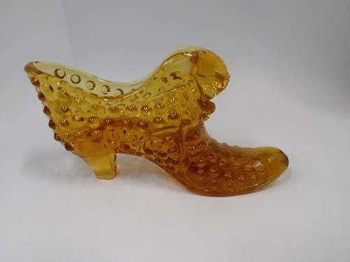 Vintage Fenton Hobnail Orange Amber Glass Shoe with Cat Head Art Glass Slipper