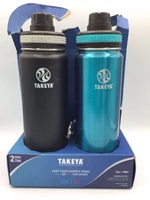 2 Takeya 24oz Insulated Stainless Steel Water Bottles w/original Spout Lid NOS