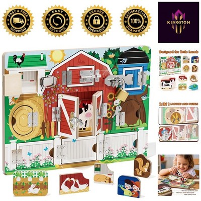 Interactive Montessori Farm Toy - Wooden Busy Board with 9 Puzzles for Toddlers
